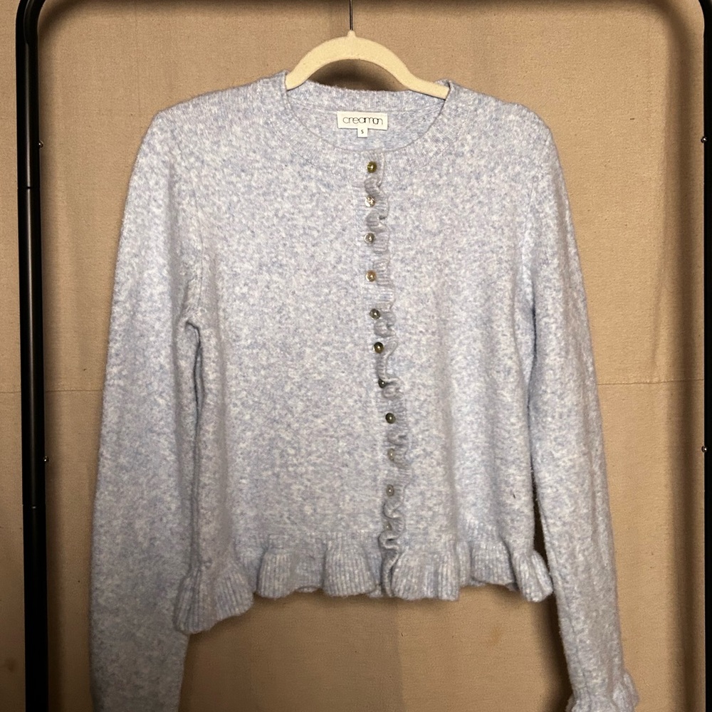 Blue Ruffled Button-Up Cardigan